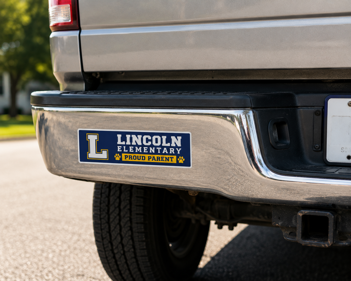 Custom school bumper sticker displayed on a truck bumper