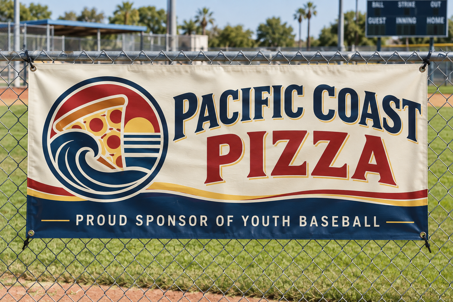 Custom sponsor vinyl banner mounted on a youth baseball field fence